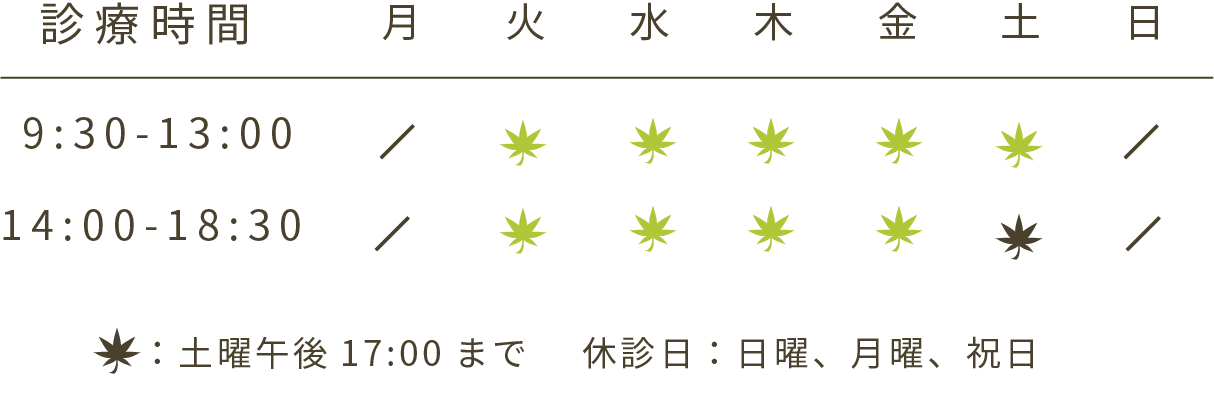 診療時間、火水金土9:00から13:00、14:30から18:00、日曜日月曜日曜祝日休診