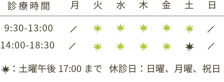 診療時間、火水金土9:00から13:00、14:30から18:00、日曜日月曜日曜祝日休診